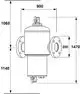 Zeichnung eines vertikalen Abscheiders mit Flanschanschlüssen. Das Produkt gehört zur IMI Hydronic Engineering und zeigt Maße und Anschlüsse.